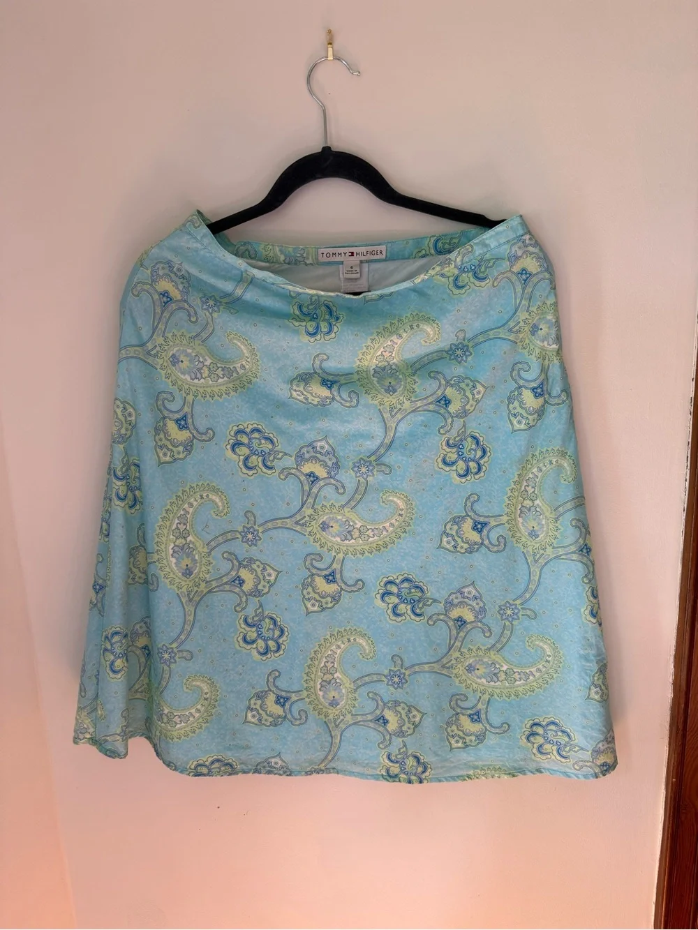 Tommy Hilfiger Light Blue Paisley Skater Skirt with Green Accents